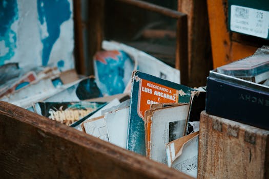 Explore this vintage collection of old vinyl records housed in a rustic wooden box, perfect for nostalgia lovers.