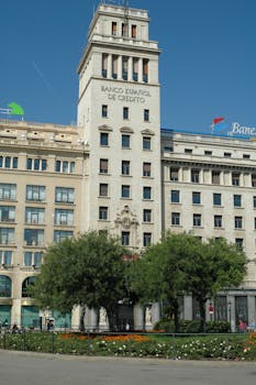 Historic Banco Español de Crédito building on a sunny day in Barcelona, Spain.